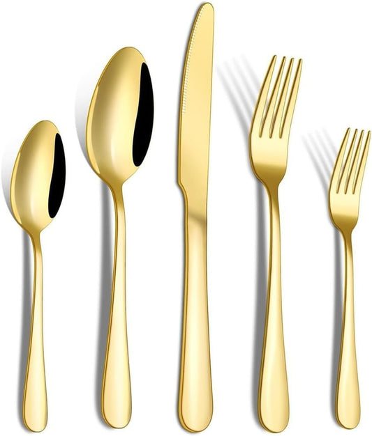 Miecux Stainless Steel Cutlery Set, 10Pcs Stainless Steel Flatware Gold Silverware Set Service for 2, Tableware Eating Utensils Include Knives/Forks/Spoons for Home Restaurant Party (Gold)