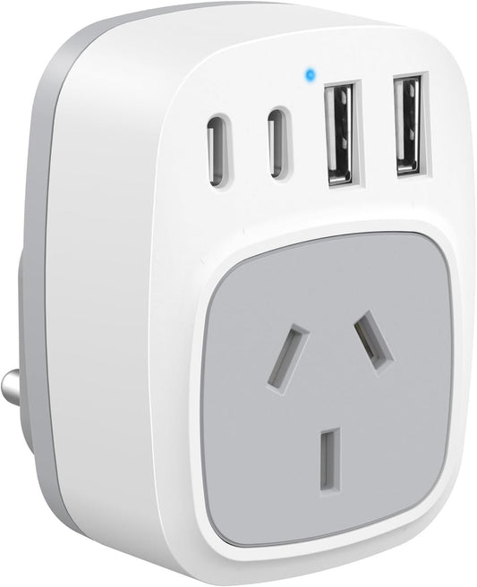 Dozianai Travel Adapter for India - AU to Type D 3 Pin Plug With 2 USB-C and 2 USB-A Ports - For Bangladesh, Kuwait, Namibia, Nepal, Pakistan, Qatar, Sri Lanka, Yemen - White