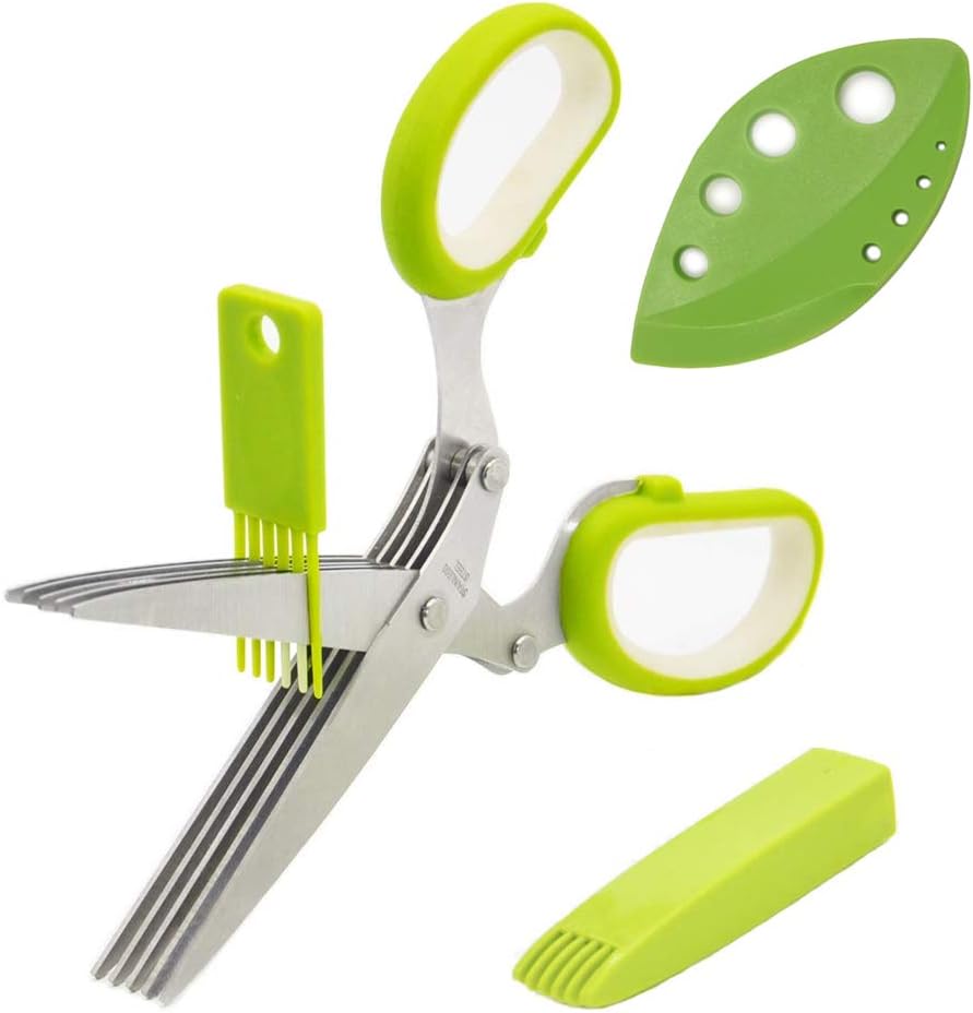Herb Scissors, Multipurpose Kitchen Shears 5 Stainless Steel Blade with Safety Cover, Cleaning Comb and Herb Stripping Tool (Green)