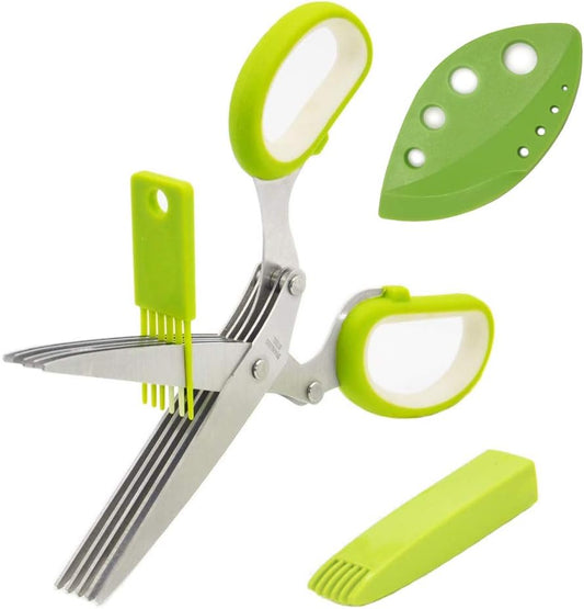 Herb Scissors, Multipurpose Kitchen Shears 5 Stainless Steel Blade with Safety Cover, Cleaning Comb and Herb Stripping Tool (Green)