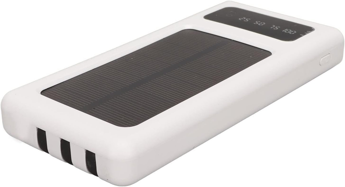 Solar Power Bank Portable 20000mAh Phone, Support Power Display 3 Output and 1 Input Cables and Flashlight, Portable Solar for Hiking Fishing and Traveling (White)