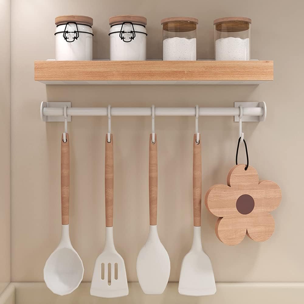 Celbon Kitchen Utensils Hanger Bar 40 cm Self-Adhesive White Aluminium Kitchen Utensils Holder with 5 Hooks Movable Wall Rail Kitchen for Kitchen Bathroom Gadgets Pans Cups Umbrella
