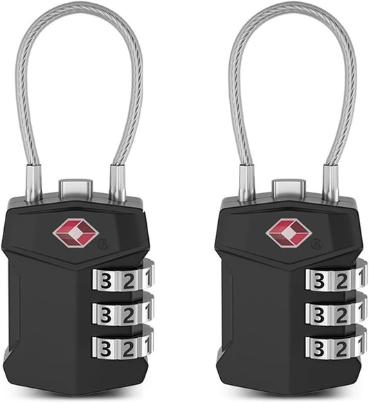 TSA Approved Luggage Locks,(2 Pack),Big Digit Easy Read Dials Cable Luggage Lock,T Tersely Re-settable Padlock for Luggage,Travel Locks for Suitcase, Backpack