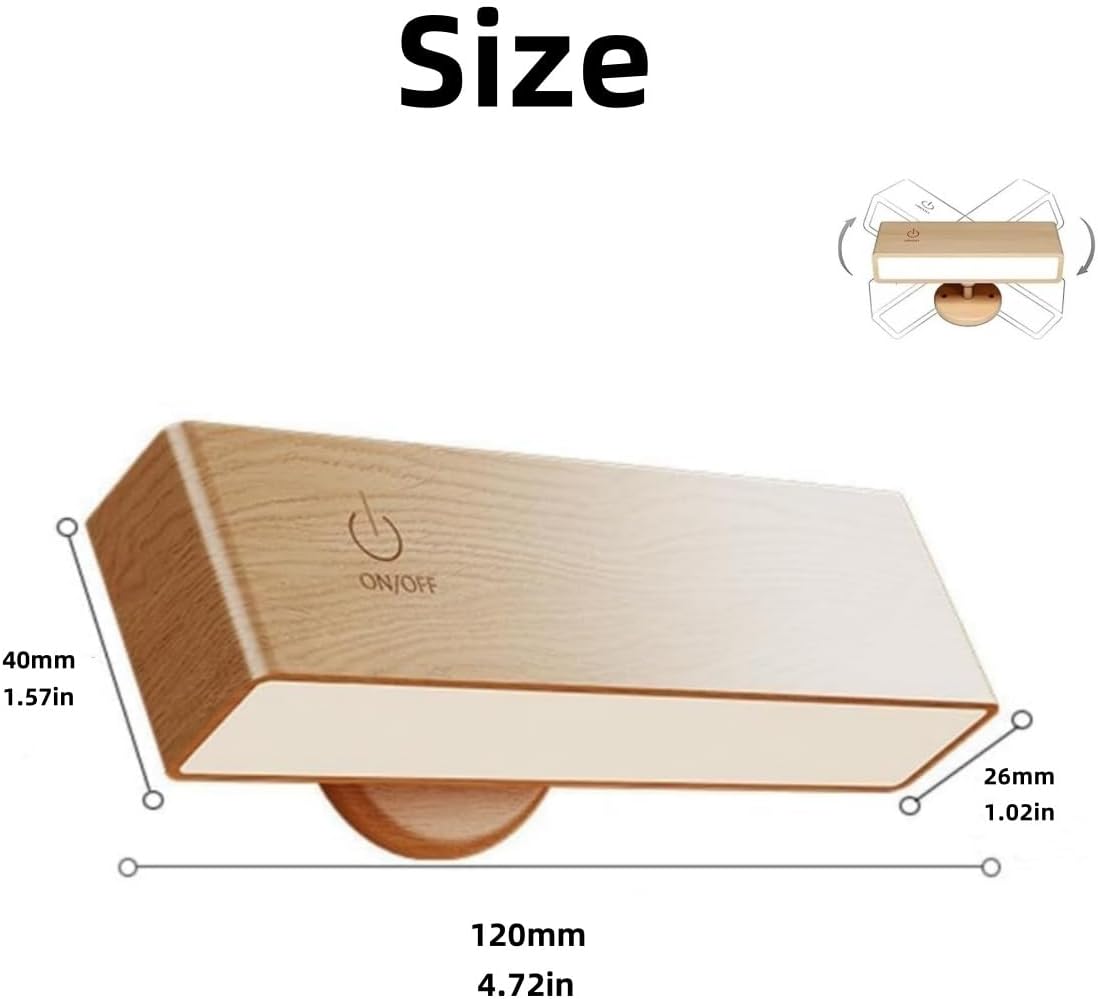 Generico 360 Rotation LED Wood Wall Lamps,Battery Operated Touch Control Wood Wall Sconces,Wireless Dimmable Wall Light,Magnetic Rechargeable Reading Light with 3 Color Temperature for Living Bedroom