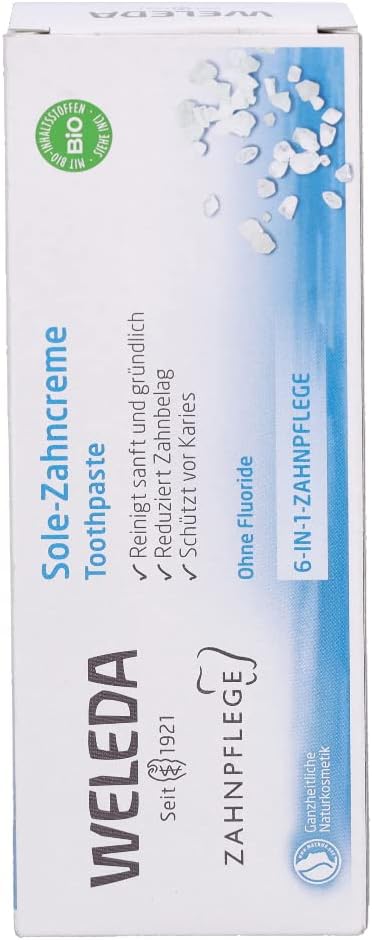 Weleda Saline Toothpaste, Fluoride Free Sea Salt Toothpaste, Neutralises Harmful Acids and Protects Against Caries and Plaques, 6 in 1 Treatment (1x75ml)