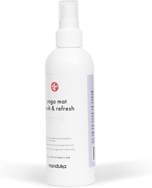 Manduka Yoga Mat Wash and Refresh – 100% Natural Essential Oil Yoga Mat Cleaning Spray, Fitness Equipment and Gym Accessories Cleaner, Non-irritating, Pet Friendly | Lavender Scent, 4 oz