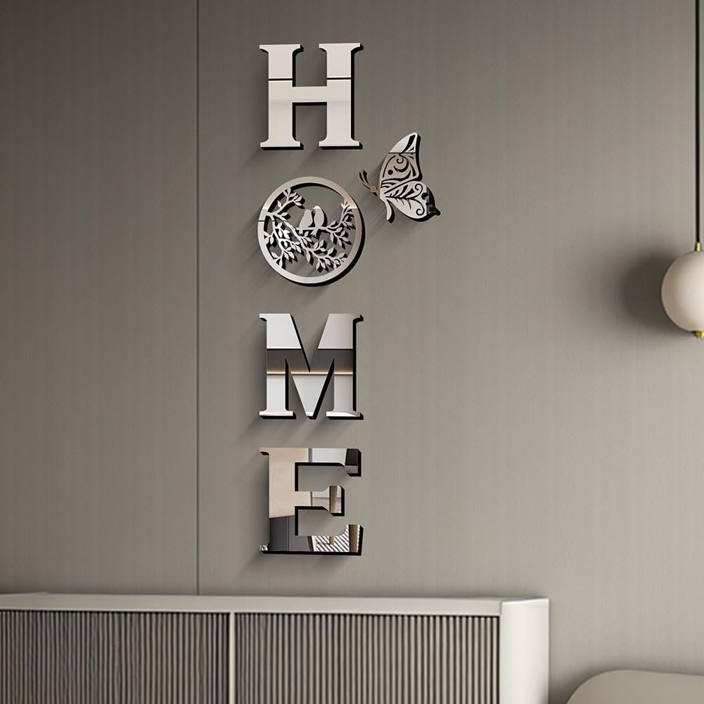 CrazyDeal Home Signs Wall Decor Letter Signs Length Mirror Wall Stickers Decorations for Living Room Bedroom Farmhouse The Home Modern Decorations Bird Wall Art Large（Silver Acrylic,49.2 X 15.7 Inch）