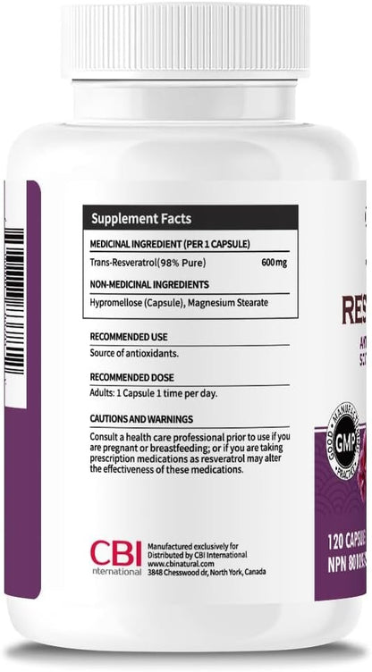 Trans-Resveratrol (98% Pure) 600 mg, 120 Vegan Capsules, 4-Month Supply