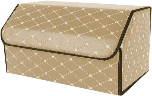 SOGA Leather Car Boot Collapsible Foldable Trunk Cargo Organizer Portable Storage Box Beige/Gold Stitch Large