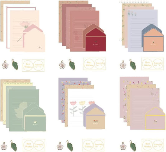 72 Pcs Stationary Writing Paper and Envelopes Set, 24 Sheet Floral Letter Paper 12 Pcs Matching Envelopes Cute Lovely Stationery Lined Writing Paper for Girls Boys Office School Supplies 6 Styles