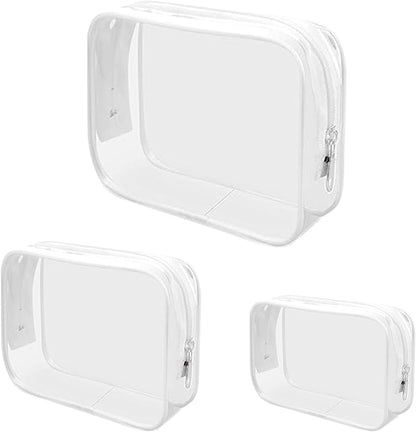 Jotia 3Pcs Clear Toiletry Bags, Clear Cosmetic Makeup Bag with Zippers, TSA Approved Travel Bag Clear Zippered Toiletry Carry Pouch Clear PVC Bags Portable Travel Luggage Pouch (White, S, M, L)