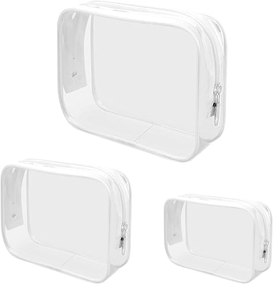 Jotia 3Pcs Clear Toiletry Bags, Clear Cosmetic Makeup Bag with Zippers, TSA Approved Travel Bag Clear Zippered Toiletry Carry Pouch Clear PVC Bags Portable Travel Luggage Pouch (White, S, M, L)