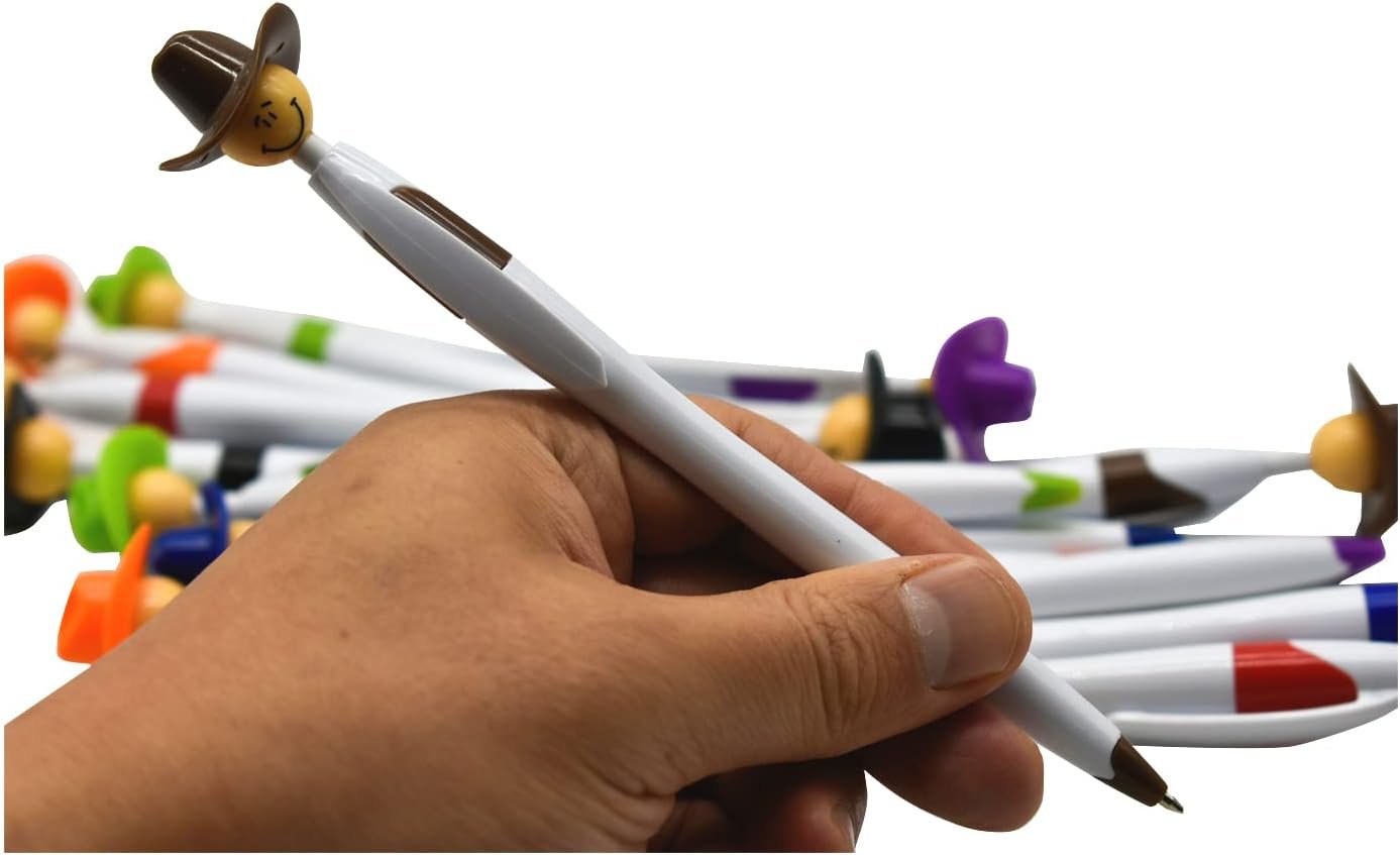 Lopenle 14PCS Cool Cowboy Pens Cowboy Hat Smile Pen Retractable Ballpoint Pens For School Home Office Stationery Supplies