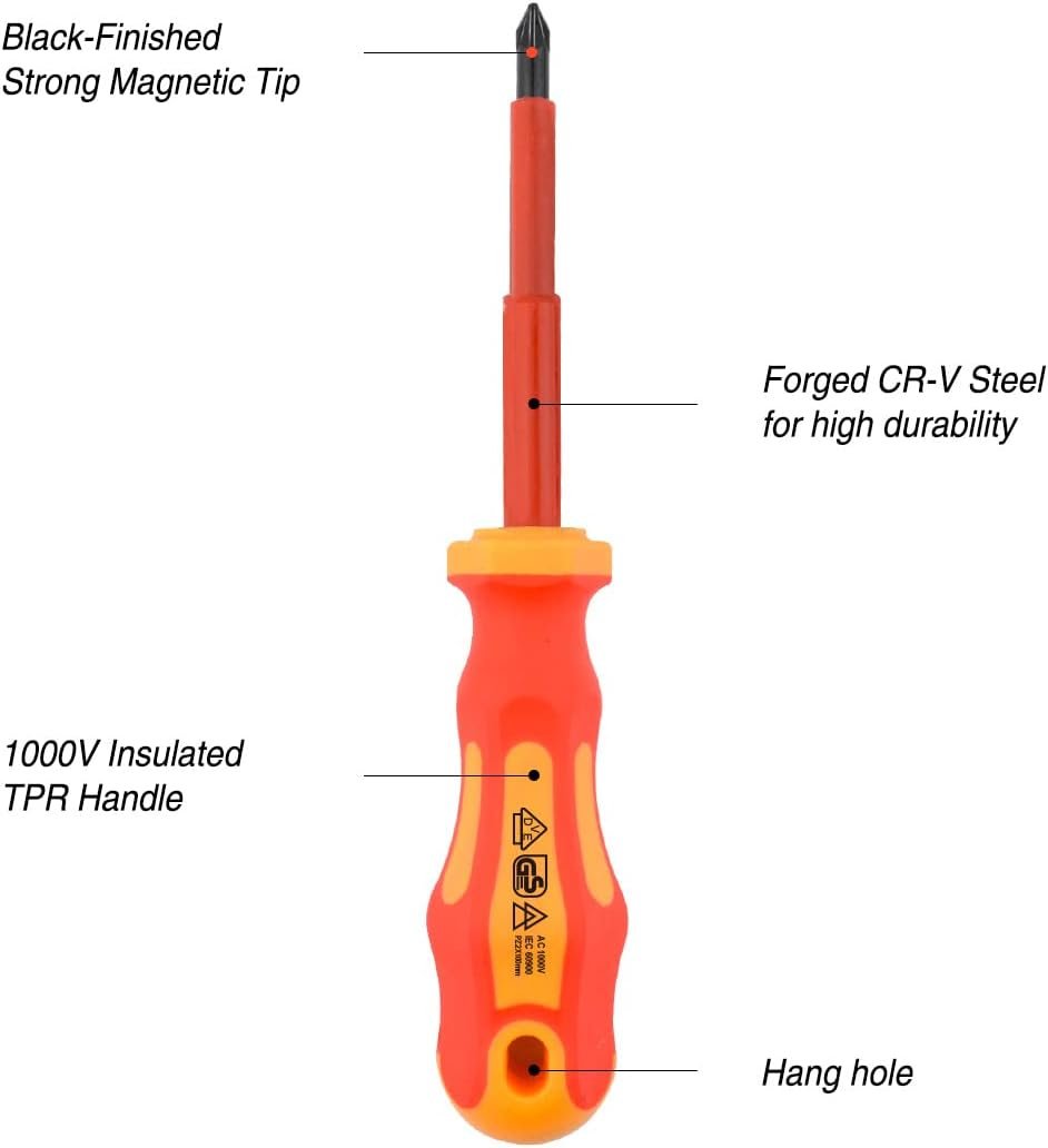 Gunpla 11 Pieces VDE Insulated Screwdriver Set, 1000V with Black Tip Magnetic, TPR Handle Electrician Soft-Grip Slotted Phillips and Pozi Tools with Safety Tester for Electrician Repair