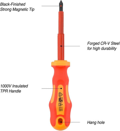 Gunpla 11 Pieces VDE Insulated Screwdriver Set, 1000V with Black Tip Magnetic, TPR Handle Electrician Soft-Grip Slotted Phillips and Pozi Tools with Safety Tester for Electrician Repair