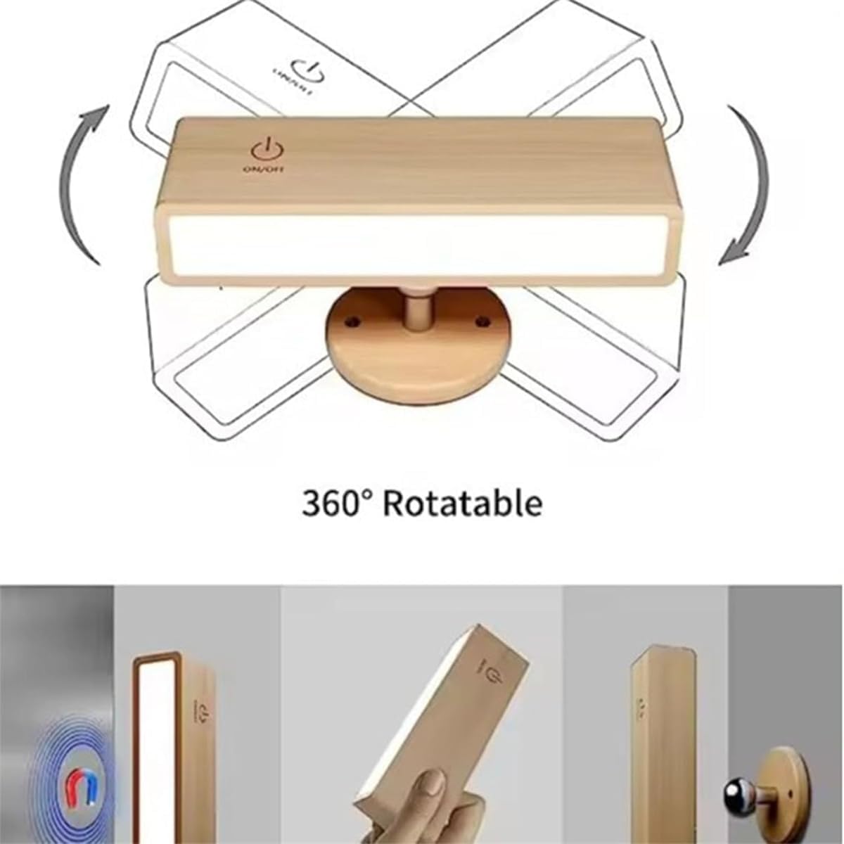 Generico 360 Rotation LED Wood Wall Lamps,Battery Operated Touch Control Wood Wall Sconces,Wireless Dimmable Wall Light,Magnetic Rechargeable Reading Light with 3 Color Temperature for Living Bedroom