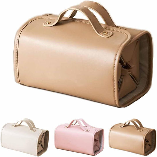 Leather Waterproof Cosmetic Bag,Portable 4-In-1 Foldable Cosmetic Bag,Detachable Large Capacity Makeup Organizer Toiletry Bag,Multi-Compartment Travel Accessories Makeup Case (brown)