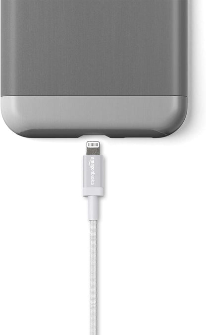 Amazon Basics Lightning to USB-A Charging Cable, MFi Certified Nylon Braided iPhone Charging Cable, Silver, 1.8m