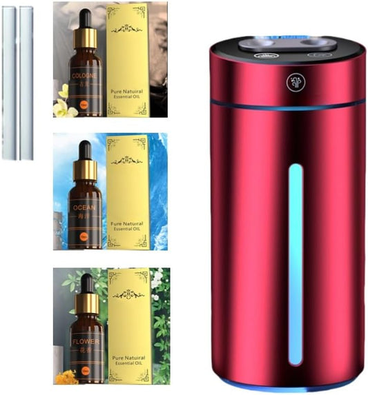 Mini Aromatherapy Essential Oil Diffuser, Car Smart Dual Nozzle Humidifier Aromatherapy Diffuser, Free Three Bottles of Essential Oils and Cotton Swabs (Burgundy)