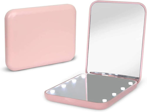 Kintion Pocket Mirror, 1X/3X Magnification LED Compact Travel Makeup Mirror, Compact Mirror with Light, Purse Mirror, Folding, Handheld, Small Lighted Mirror for Gift, Pink