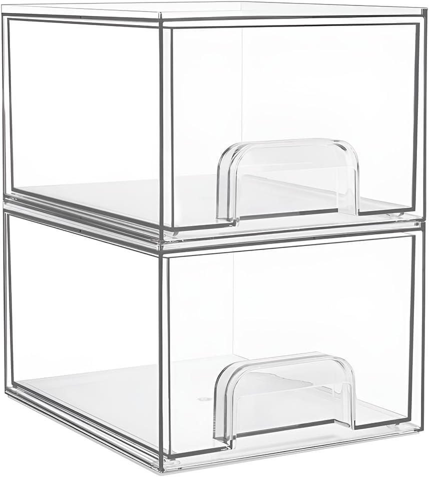 2 Pack Stackable Cosmetic Storage, Portable Bathroom Organizers, Makeup Storage with Drawers, Clear Storage Box for Cosmetics, Skin Care, Hair Accessories (18.9 * 15.3 * 11.2 CM)