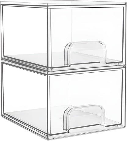 2 Pack Stackable Cosmetic Storage, Portable Bathroom Organizers, Makeup Storage with Drawers, Clear Storage Box for Cosmetics, Skin Care, Hair Accessories (18.9 * 15.3 * 11.2 CM)