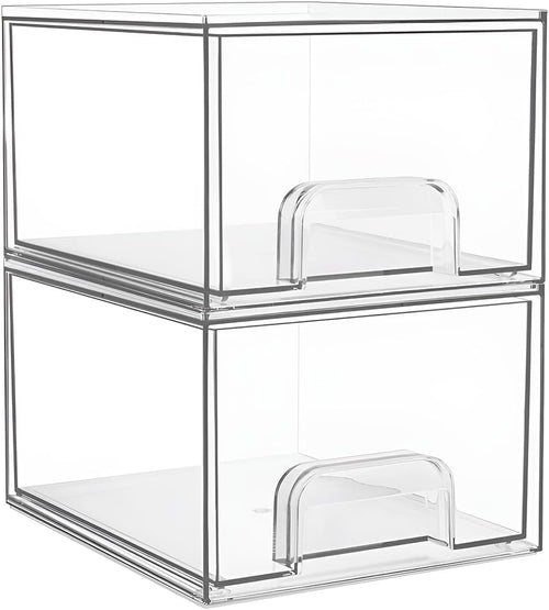 2 Pack Stackable Cosmetic Storage, Portable Bathroom Organizers, Makeup Storage with Drawers, Clear Storage Box for Cosmetics, Skin Care, Hair Accessories (18.9 * 15.3 * 11.2 CM)