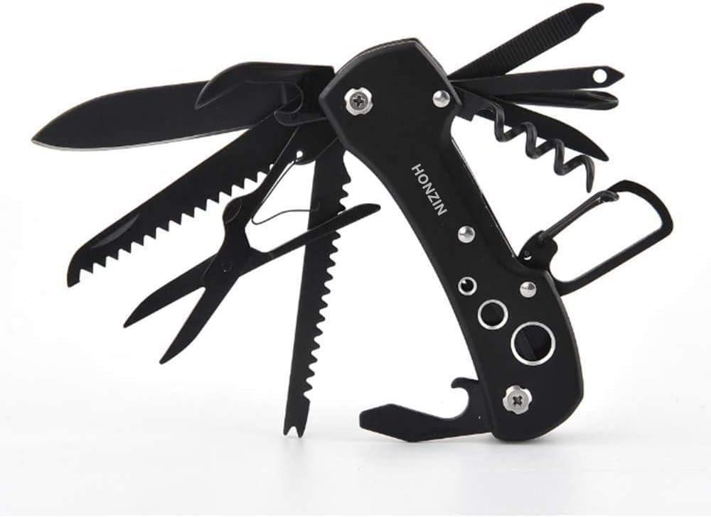 HONZIN Multitool Knife Camping 15 in 1 Multi Purpose Pocket Tool Antirust Black Oxide Swiss Style Pocket Knife for Survival Fishing Car Travel
