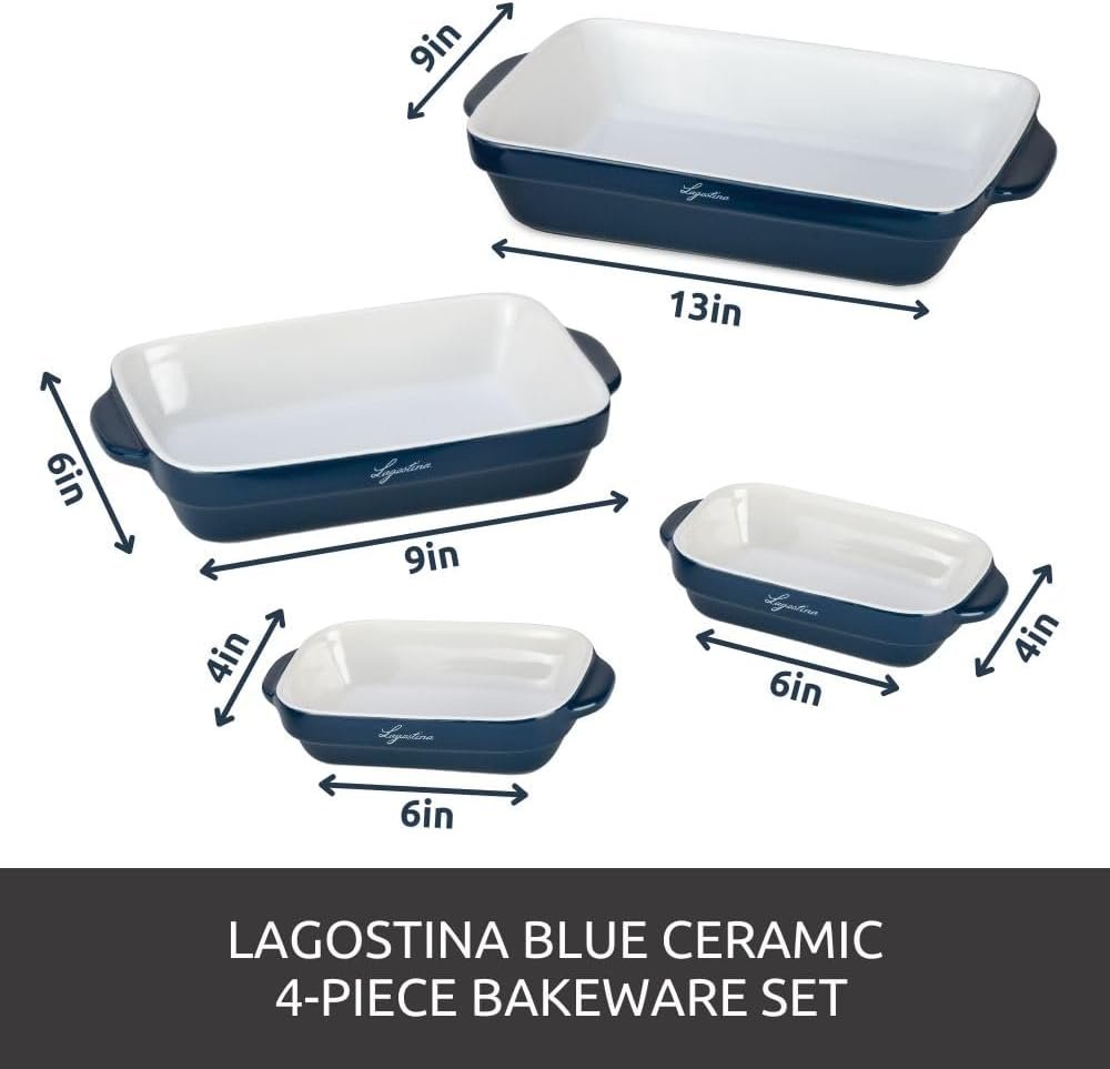 Lagostina Ceramic 4 Piece bakeware Set for The Everyday Baker, for Microwave, Oven, Dishwasher, Refrigerator/Freezer Safe, Blue