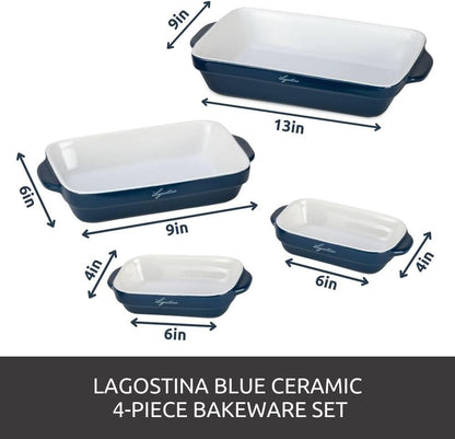 Lagostina Ceramic 4 Piece bakeware Set for The Everyday Baker, for Microwave, Oven, Dishwasher, Refrigerator/Freezer Safe, Blue