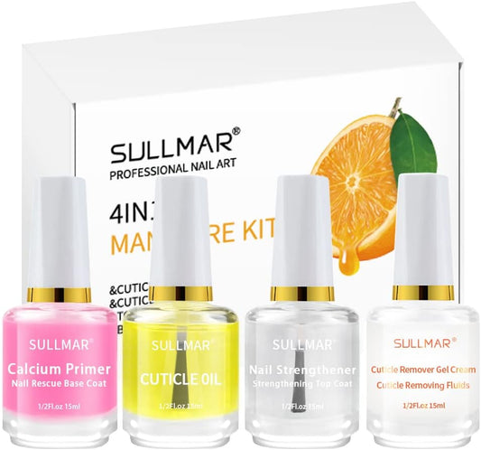 Nail Cuticle Oil Nail Repair Nail Hardener Nail Strengthener Nail Rescue Calcium Primer for Thin Nails Growth Nail Repair Nail Care Kit with Cuticle Oil Cuticle Remover Gel Cream 4in1