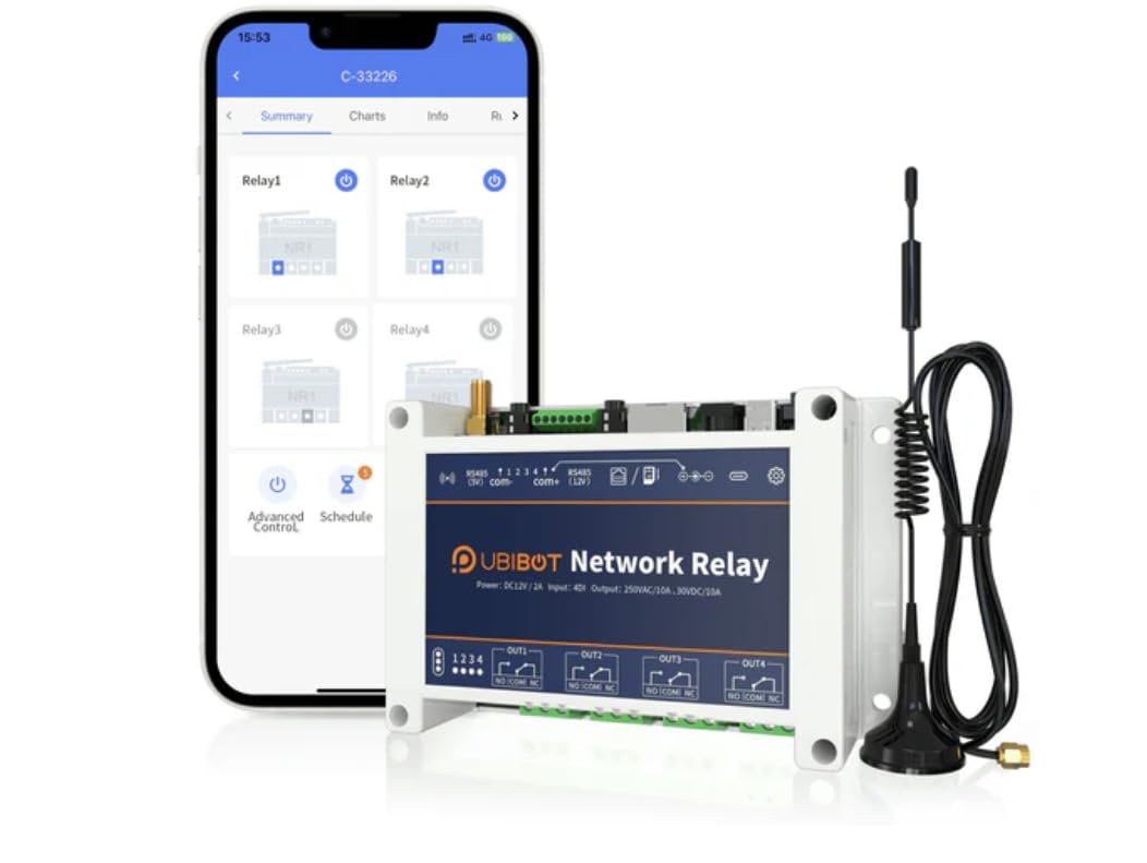 UBIBOT Smart Relay for Home Automation and Control, WiFi/4G/Ethernet Connectivity, StartNetwork Controller Compatible NR1US