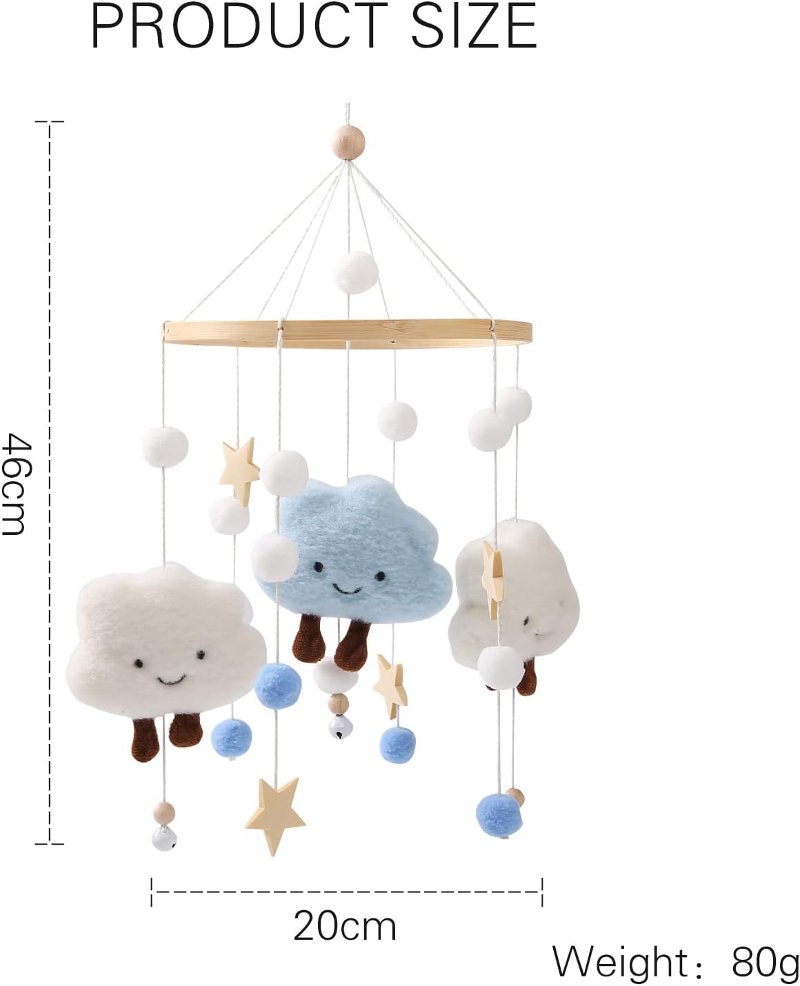 Promise Babe Mobile Baby Wood with Felt Balls Baby Room Bed Hanging Bell Clouds Star Crocheted Felt Mobile Windshield Baby Boys Girl Cot Bed Baby Star Moon Clouds Mobile