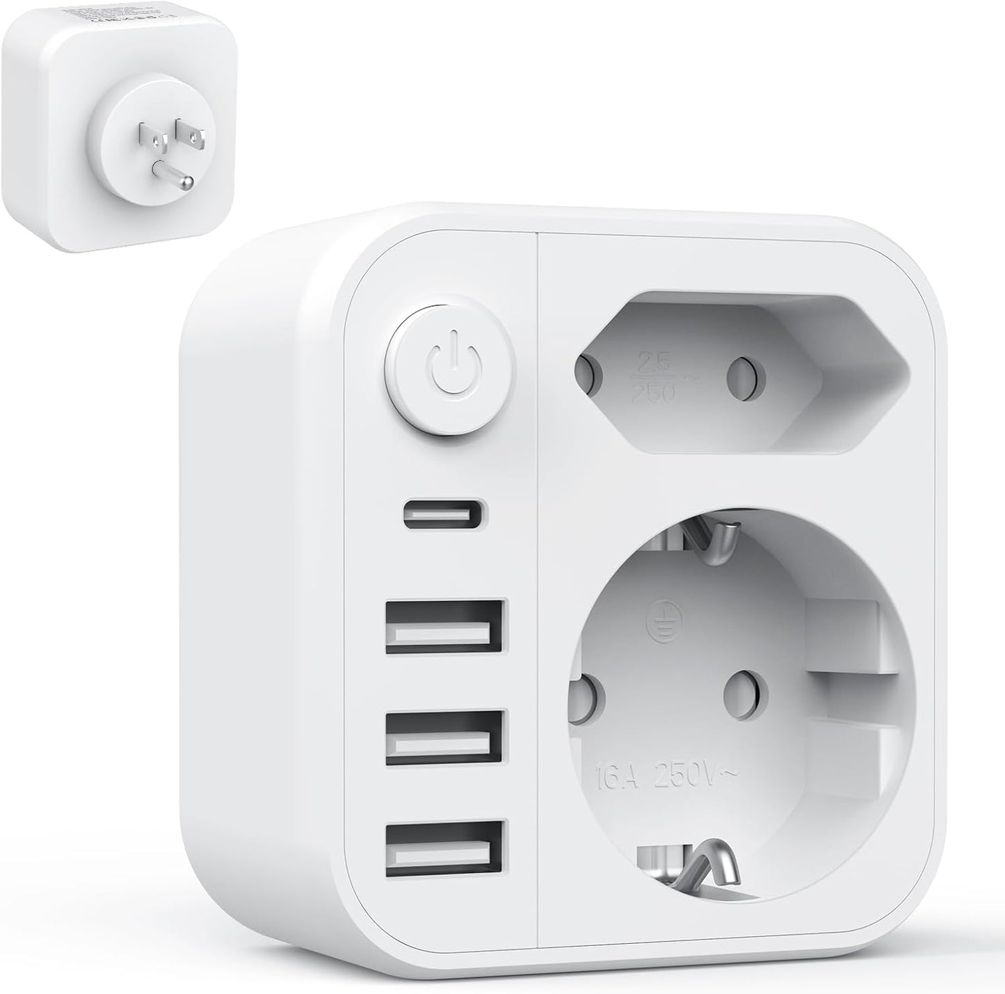 Clomnpe American Plug Adapter, 6 in 1 US Plug Adapter with 3 USB A to 1 USB C, Travel US Plug Adapter with European Plug and Schuko for America, Canada, Mexico, US Type B Plug