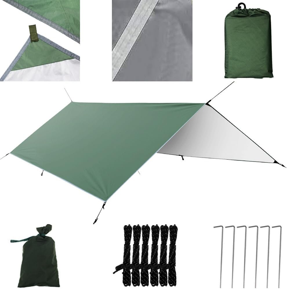 1Pcs 9.5ft*9.5ft Waterproof Tent Tarp Uv Protection with Pouch and Ultralight Hammock Tarps Waterproof Lightweight Camping Gear Haves for Outdoor Backpacking Survival Shelter (Army Green, 2.9m*2.9m)