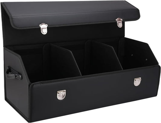 Atelse Modern, Functional Leather Car Trunk Organizer - Large (74.93 cm L x 30.99 cm W x 10.16 cm H) - 3 Compartments - Black - Waterproof - Collapsible, Customizable - SUV & Car Trunk Storage Box