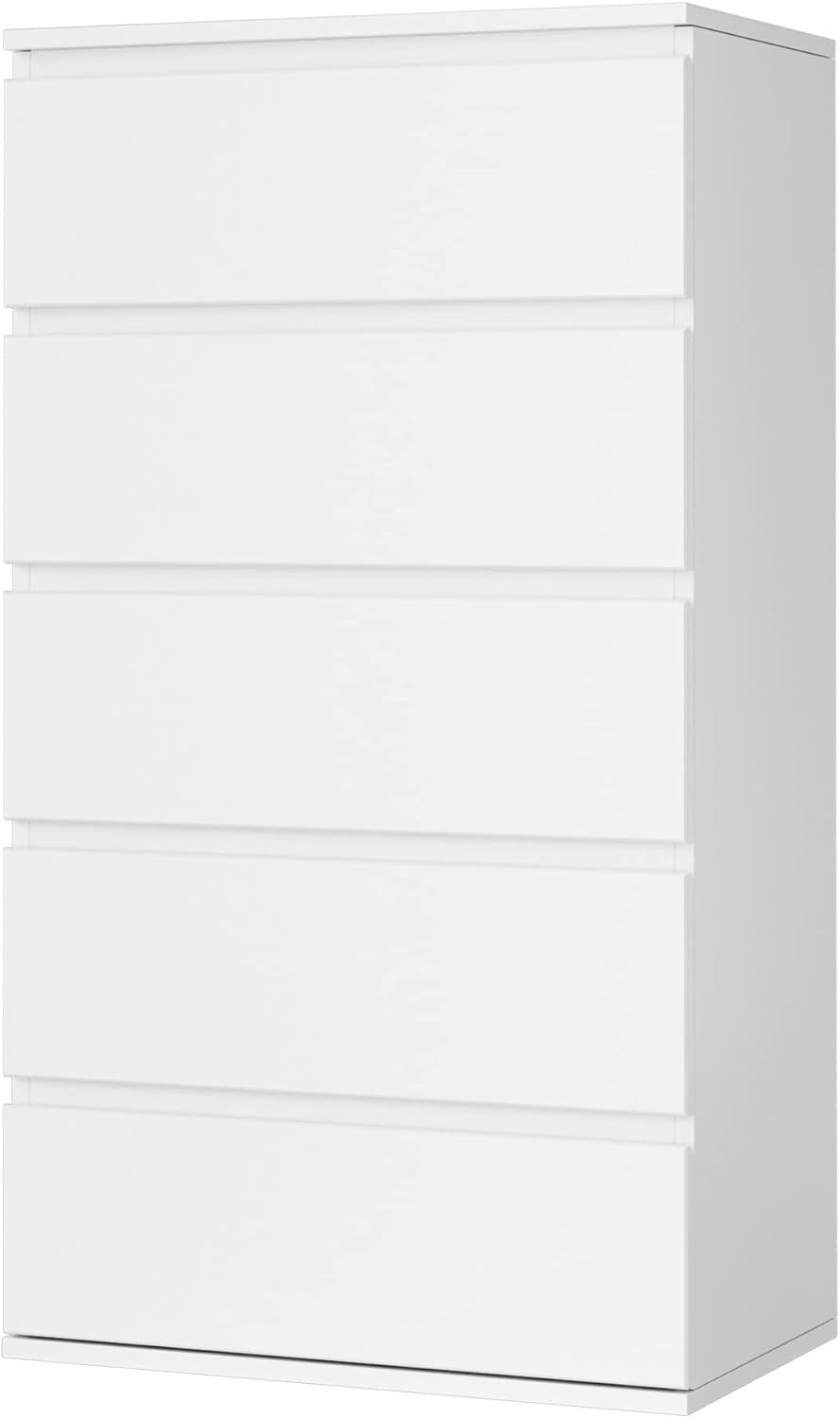 FOREHILL Bedroom Chest of Drawers, 5 Drawer Bedside Cabinet with Drawers Modern Design in Wood, for Living Room, Bedroom, Hallway, Kitchen (White)