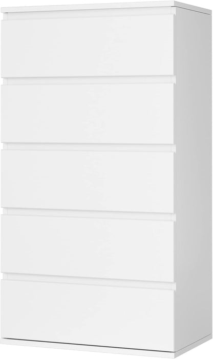 FOREHILL Bedroom Chest of Drawers, 5 Drawer Bedside Cabinet with Drawers Modern Design in Wood, for Living Room, Bedroom, Hallway, Kitchen (White)