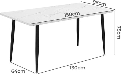 Levede Kitchen Dining Table Marbled White for 4-6 Seater, Rectangular Contemporary White Pattern Marble Top Dinner Tables with Tapered Steel Legs for Home/Kitchen/Cafe(150cm x 85cm x 75cm, White)