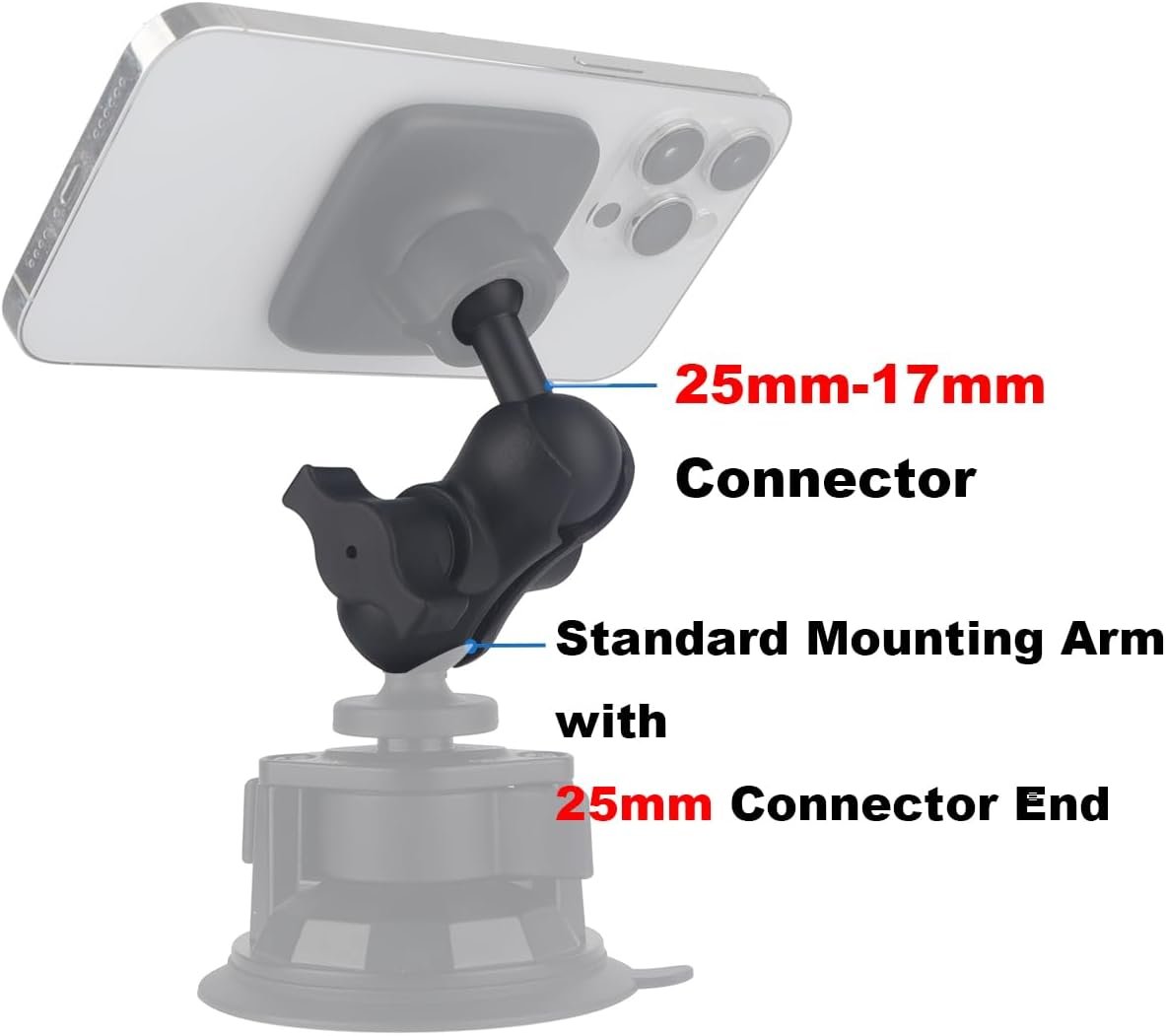 1 inch to 17mm Ball Adapter for RAM Mounts B Size Double Socket Arm, Compatible with Garmin GPS, 25mm Female Socket to 17mm Male (2.4" Short Arm)