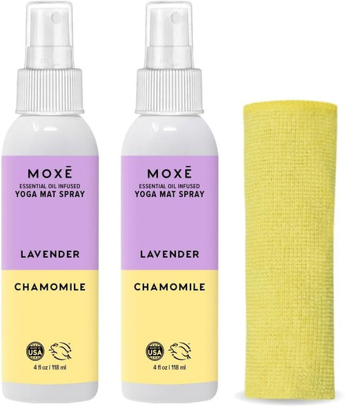 MOXĒ Yoga Mat Cleaner Spray, Lavender & Chamomile Essential Oils, Safe for All Mats & Exercise Equipment, Odor & Sweat Protection, Includes Microfiber Cleaning Towel, Green America Certified, 4 Ounces (2 Pack)