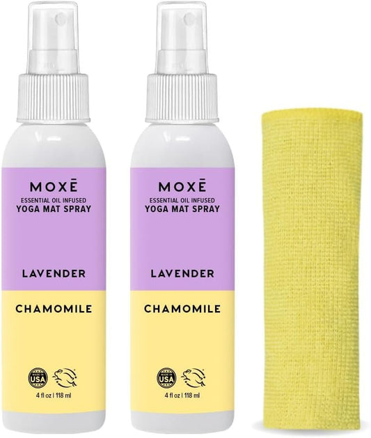 MOXĒ Yoga Mat Cleaner Spray, Lavender & Chamomile Essential Oils, Safe for All Mats & Exercise Equipment, Odor & Sweat Protection, Includes Microfiber Cleaning Towel, Green America Certified, 4 Ounces (2 Pack)