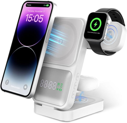 QFENGYI 3 in 1 Wireless Charger Stand,15W Fast Wireless Charger,Foldable,Time Display,Charging Power Display, Suitable for Apple Watch Chargers, iPhone 16/15/14/13/12 Series, AirPods Pro4/3/2 (White)