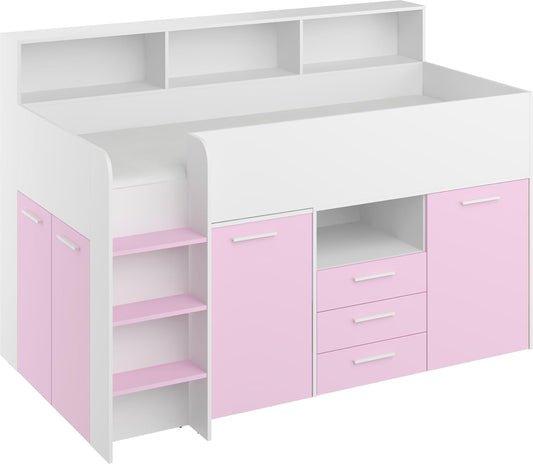 BIM Furniture NEO L Children's Furniture Bunk Bed Set Children's Bedroom Furniture One Bed with Desk, Shelves, Drawers: Left Side (White/Lavender)