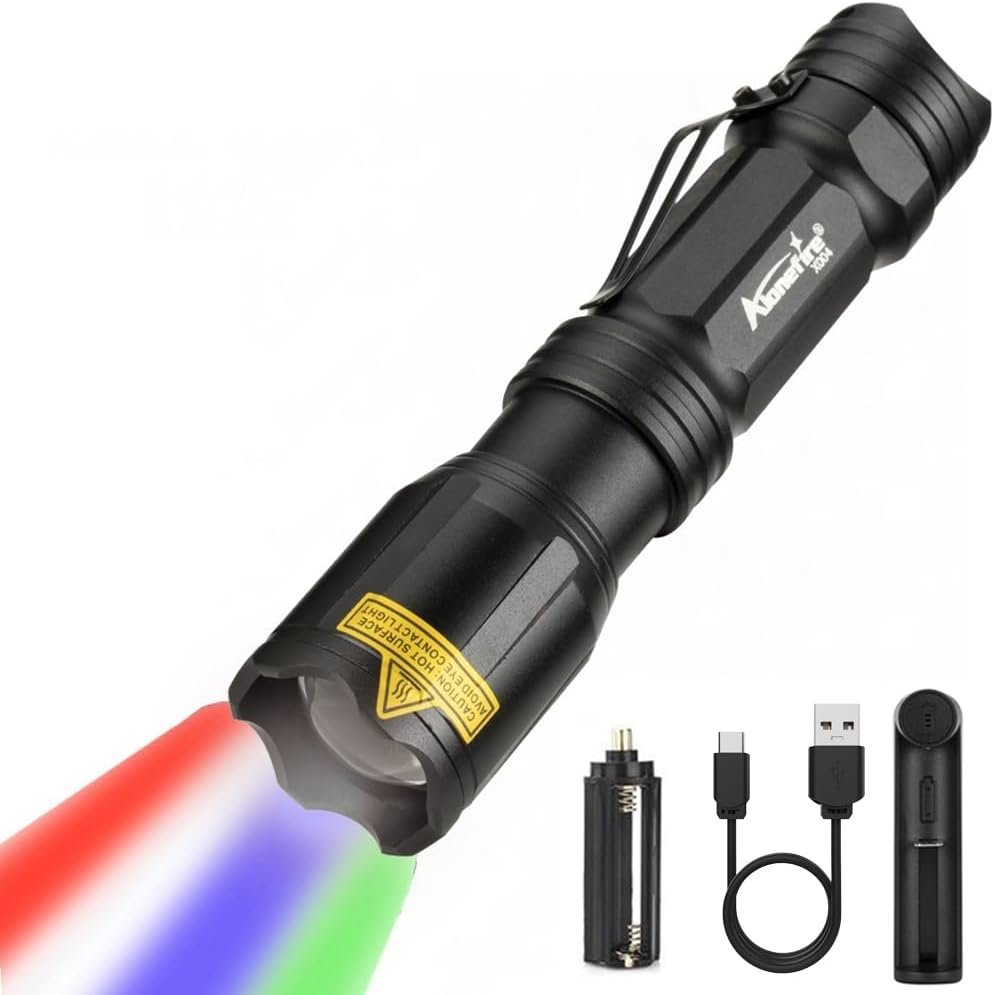 Alonefire X004 Multicolor 4 Color Changing LED Tactical Flashlight Rechargeable Red Green Blue White RGB Light Waterproof Zoomable with Battery, Charger for Camping Hiking Fishing Hunting Tracking
