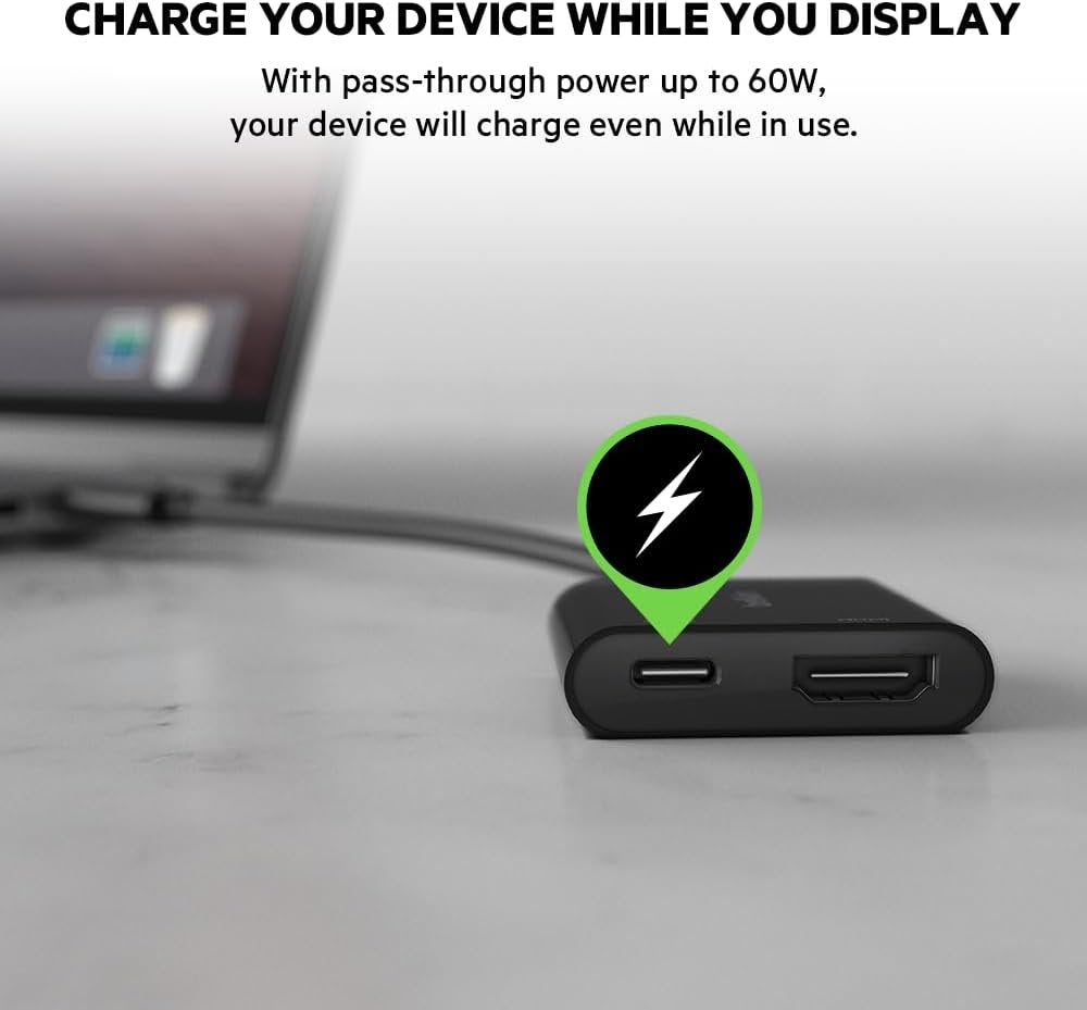 Belkin AVC002btBK USB-C to HDMI Adapter + Charge (Supports 4K UHD Video, Passthrough Power up to 60W for Connected Devices) MacBook Pro HDMI Adapter