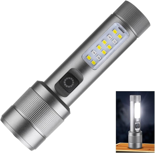 Small Rechargeable Flashlight with Main and Side Lights, Full Aluminum Alloy Body, Built-in Battery, Up to 200m Illumination - Ideal for Hiking, Patrolling, Camping & Emergencies