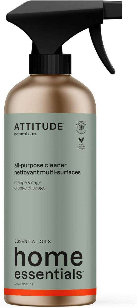 ATTITUDE Multi-Purpose Cleaner with Essential Oils, Made in Canada, EWG Verified, Plant and Mineral-Based Ingredients, Vegan Household Products, Refillable Aluminum Bottle, Orange and Sage, 473 mL