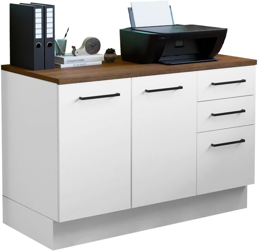 Madesa Office Storage Cabinet with 2 Doors and 3 Drawers Wooden Organization Unit for Office Supplies, Documents, and Printers Perfect for Home Office or Workspace – White