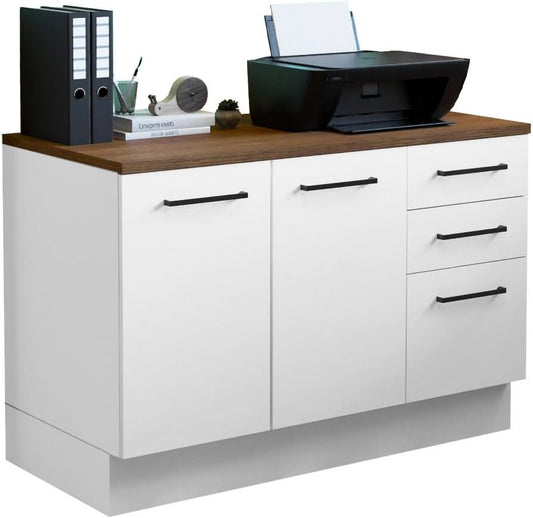 Madesa Office Storage Cabinet with 2 Doors and 3 Drawers Wooden Organization Unit for Office Supplies, Documents, and Printers Perfect for Home Office or Workspace – White